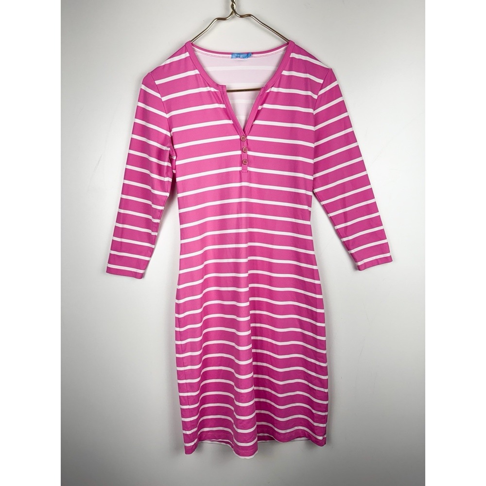 J McLaughlin Catalina Cloth Lynn Henley Dress Striped Sz XS Pink Preppy Resort